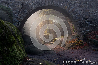Mysterious bridge with morning sunlight behind Stock Photo
